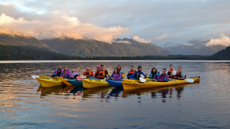 One of the most stunning sights is watching the western sun set over New Zealand's famous snow encrusted high peaks from the serenity of your stable kayak. WOW.